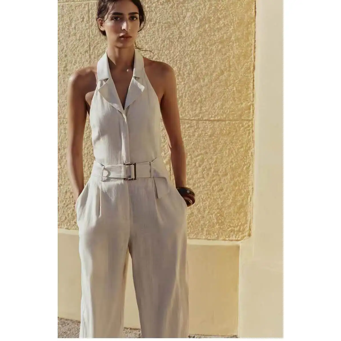 

s Lazy Sle Утягивающий льняной комбинезон Ne Hanging с поясом ZAAR Антивозрастной 3345709 Женский летний комбинезон с прямыми штанинами