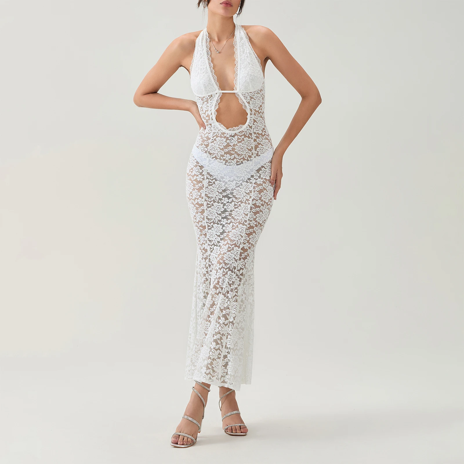 女性シースルーレース花薄手のメッシュドレスセクシーな背中の開いたノースリーブホルターネックボディコンフィッシュテールドレスガウン Vestidos