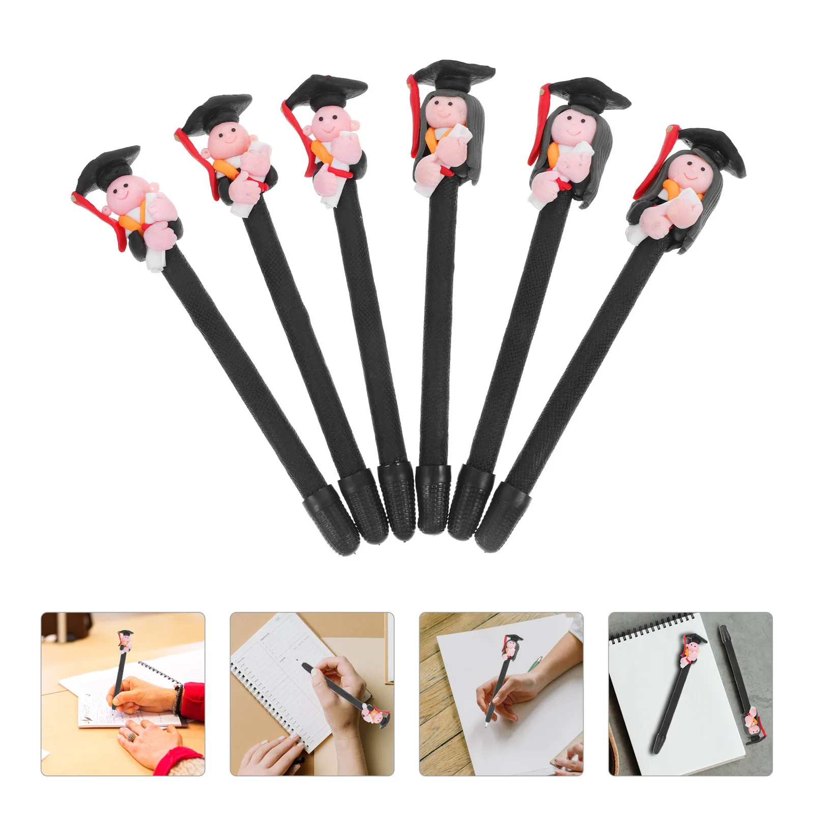 

6Pcs Soft Polymer Clay Doctoral Students Series Pens Unique Character Design Writing Stationery Gift for Graduation Students