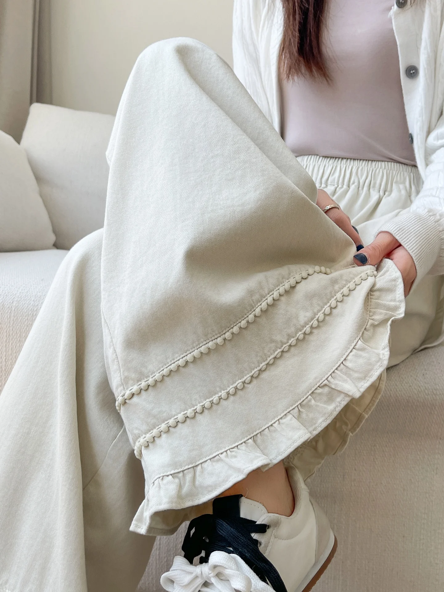 Casual broek met hoge taille en wijde pijpen Dames herfstontwerp Sense Wood ain Splicing Nine Points Straight Cut kleine maat broek