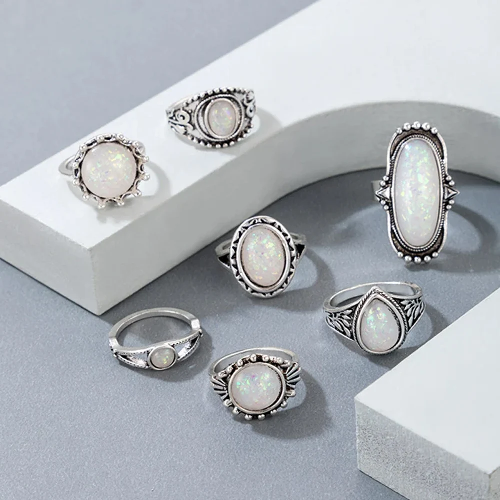 Vintage Rings Silver Color Carved Stone Bohemian Jewels For wmen and men ring set image 4
