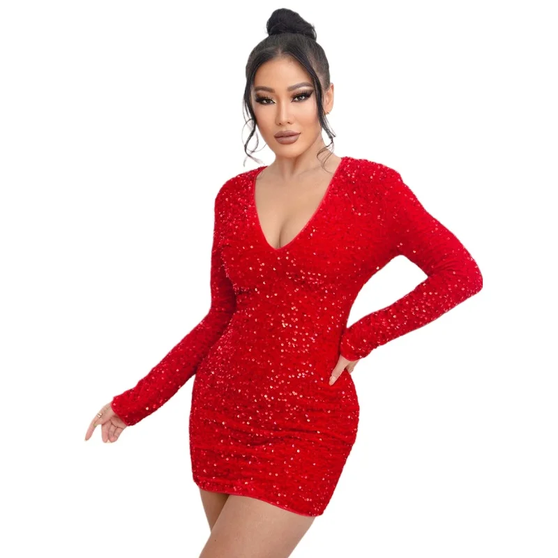 

Shining Long Sleeves Deep V-neck Sequined Tight Short Party Club Dress