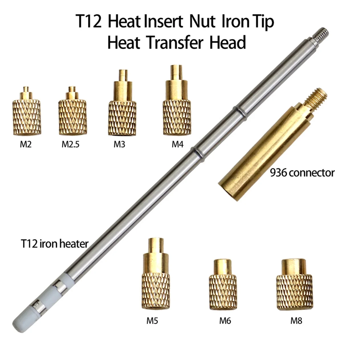 A83Z Heat Insert Nut Iron Tip T12 Soldering Iron Tip Insert Internal Thread Tip M2-M8 Brass Hot Nut Insertion Kit