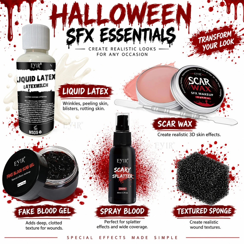 EYIR Halloween Special Effects Makeup Kit 6PCS Fake Blood Gel Spray Liquid Latex Scar Wax Sponge Tool for Cosplay Party