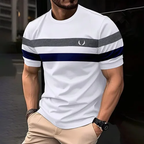 Imagen 2 del producto Camiseta con estampado 3D de rayas coloridas para hombre, camisetas de manga corta con patrón de bloques de Color, ropa de calle Harajuku, camisetas con cuello redondo, ropa