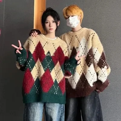 

Cisas Knitwear Loose round Ne Sweater Men Women Autumn Winter Faion Brand American Retro Sle Long Sve Polyester