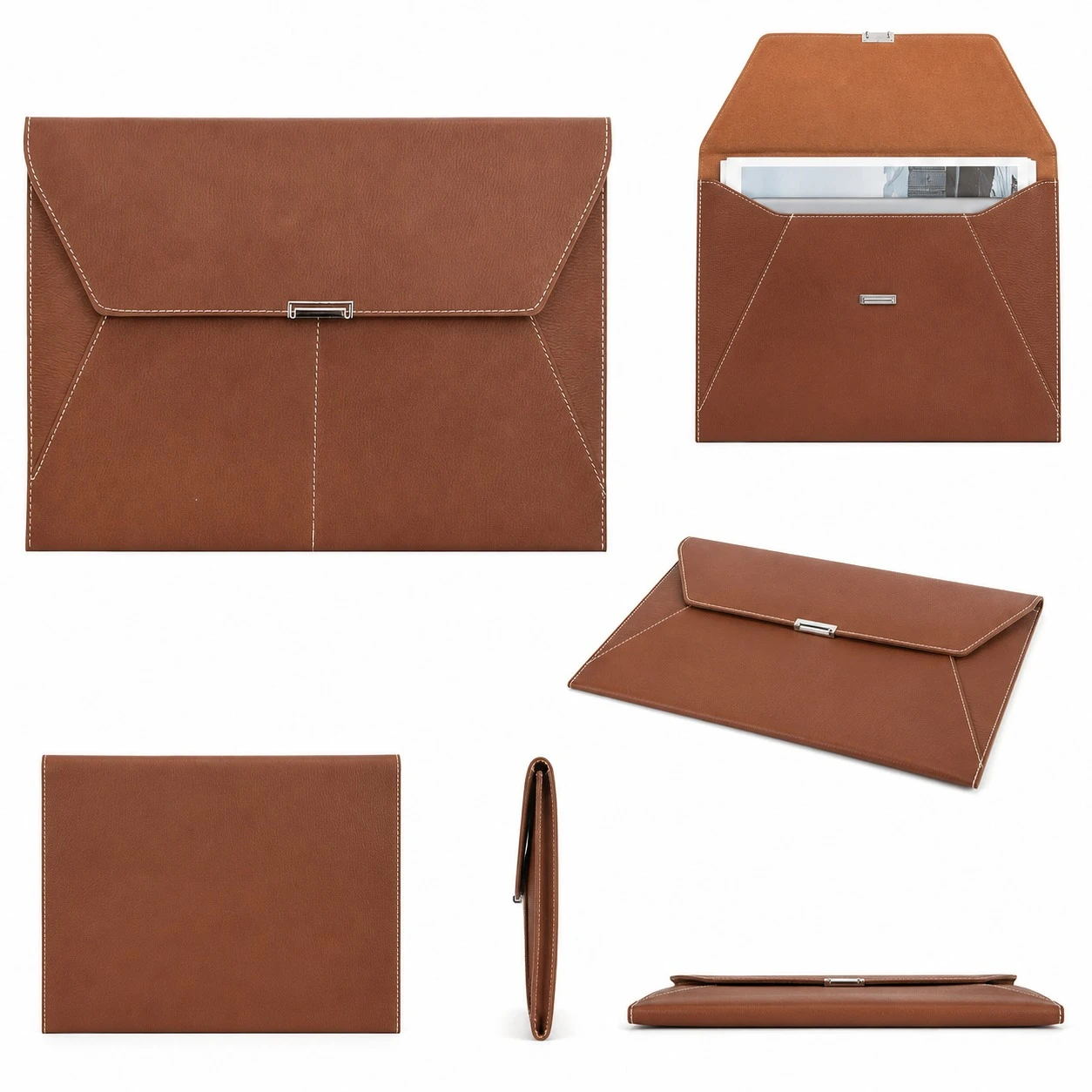 

Brown Waterproof PU Leather Document Holder with Magnetic Snap, Holds 100 A4 Sheets, 2 External Pockets for Office Files