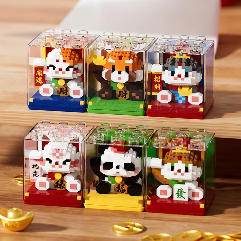 Micro Particle Building Blocks Red Panda Panda Lucky Cat DIY Assembly Bricks Spring Festival Desktop Ornament For Your Friend