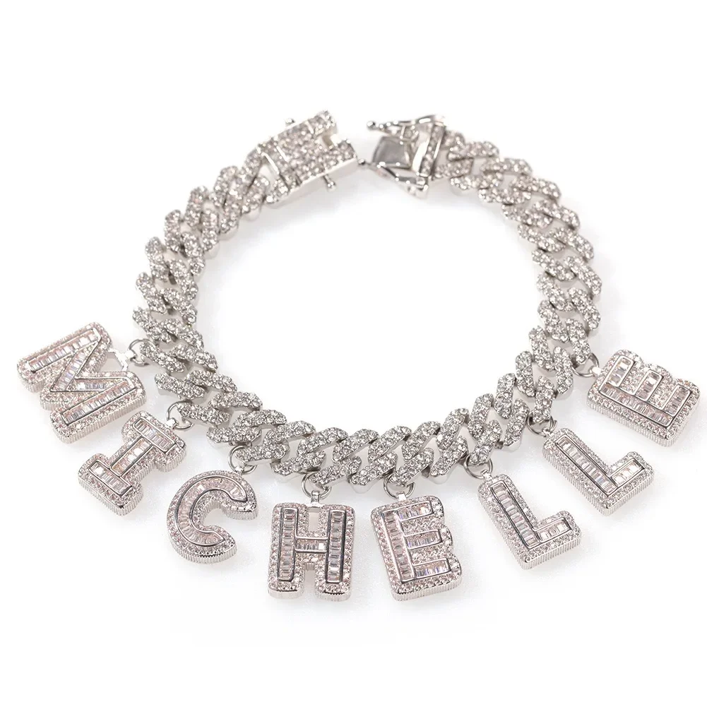 Hiphop Bling Letter Necklace Name Bracelet S-Link Miami Cuban Add Baguette Letter Women Fashion Birthday's Jewelry