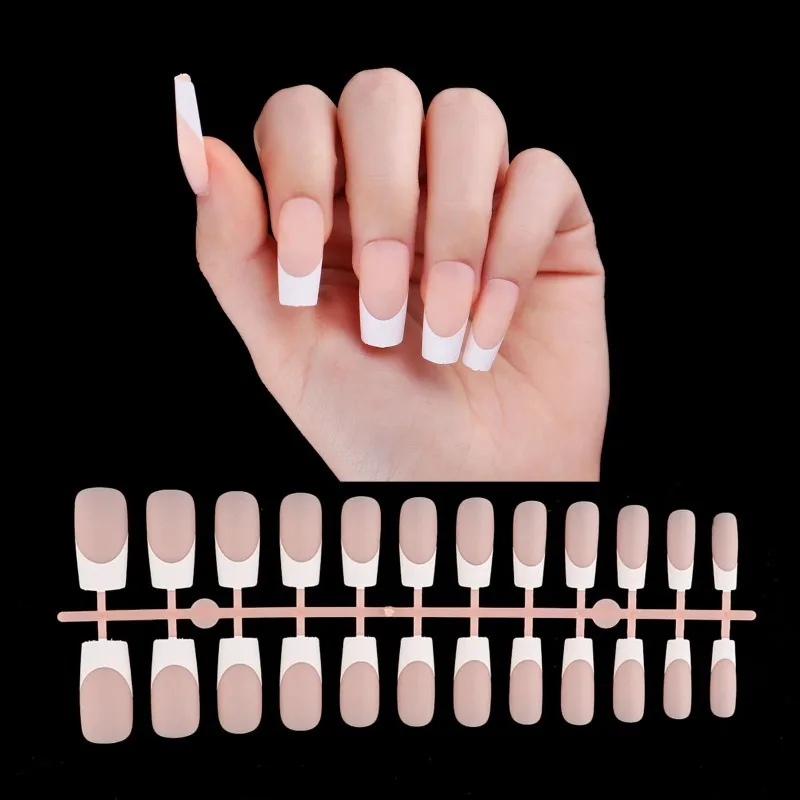 24pcs French Nail Tips False Fake Nails Medium Short Long Rectangular False Nail Easy Wear for Home Office Wear Press on Nails