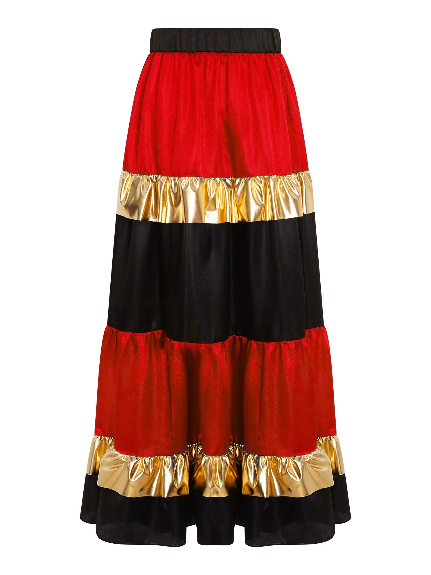 Kids Girls Waltz Flamenco Dance Performance Maxi Skirt Tiered Ruffled Satiny with Metallic Big Swing Skirt for Spanish Dancewear