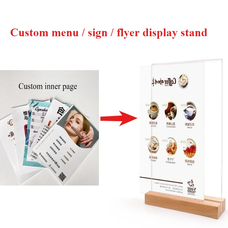 Бесплатная настольная вывеска на заказ, акриловая рекламная подставка для плакатов, ценники, меню, флаер, дизайн, печатная внутренняя страница