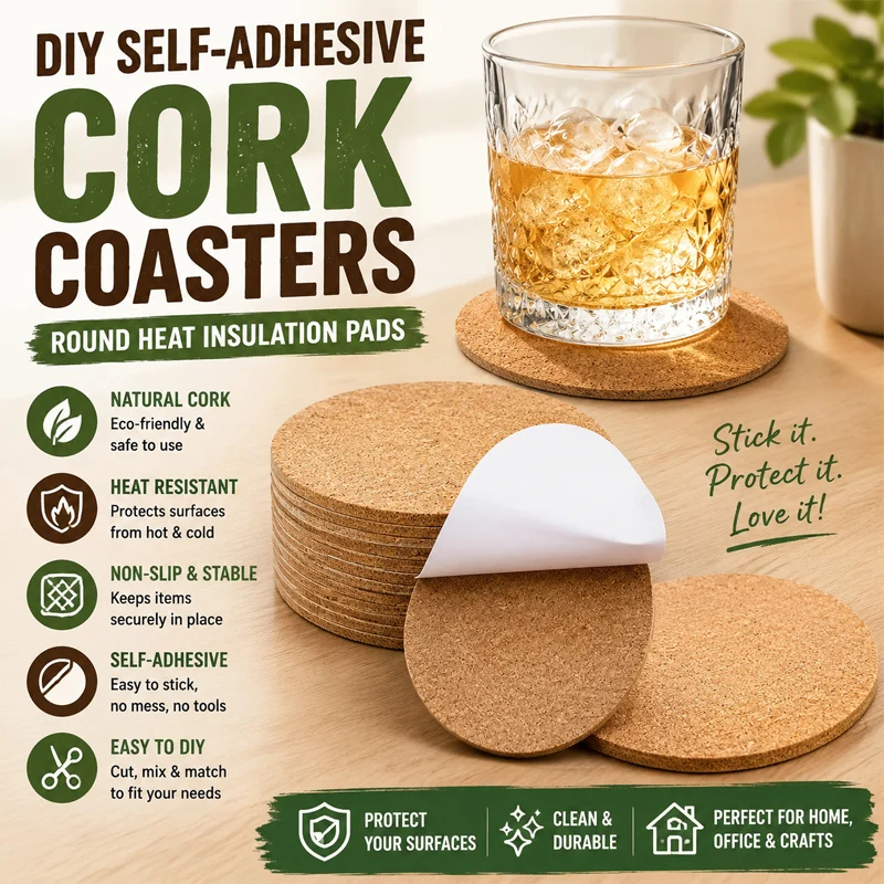Round Self-Adhesive Cork Coaster Blank for DIY Craft Heat Insulation Mat for Cups Mugs Glasses for Home Table Kitchen Decor