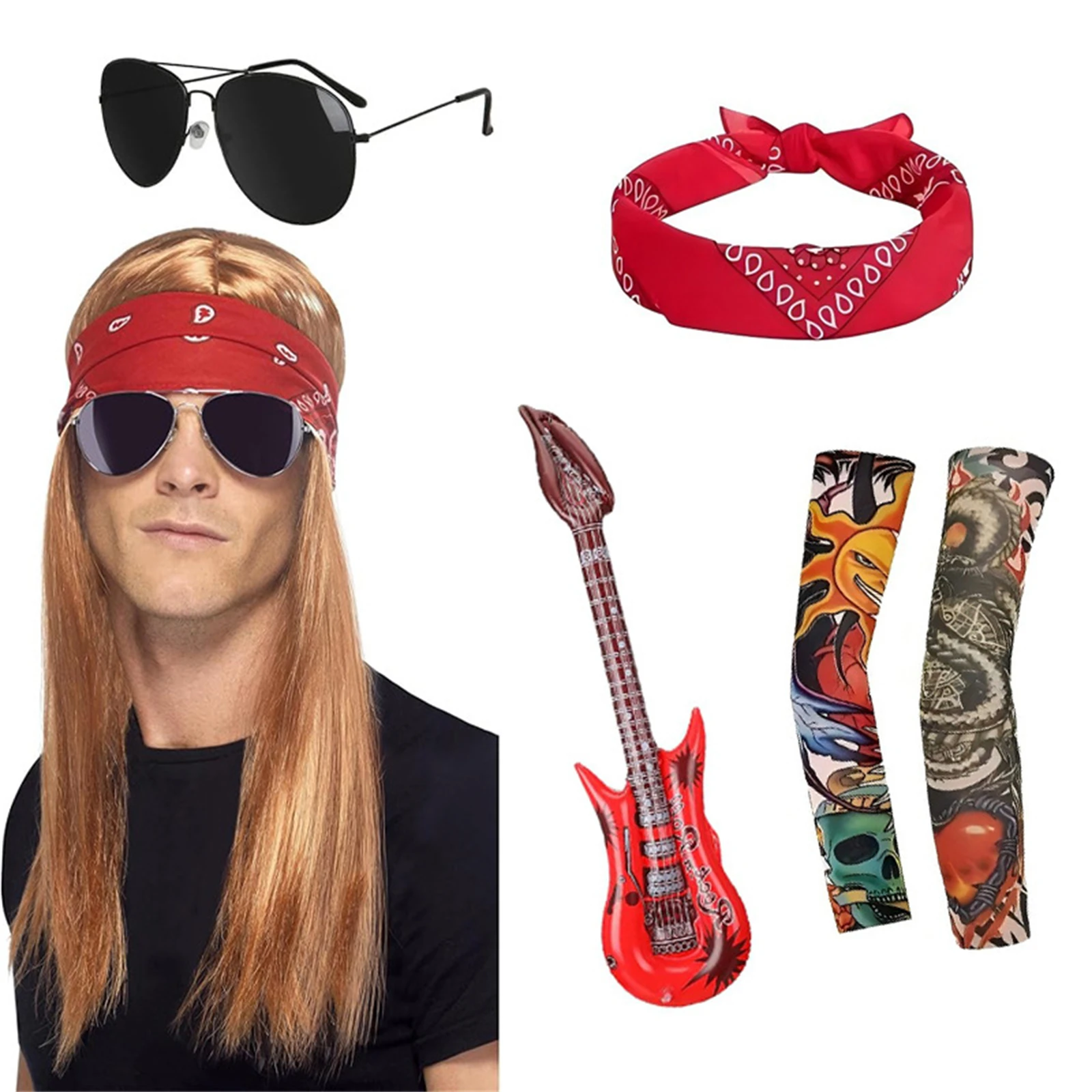 80s Rocker Costume Accessory Set Adult Heavy Metal Punk Disco Party Props with Wig Sunglasses Tattoo Sleeves Halloween Cosplay