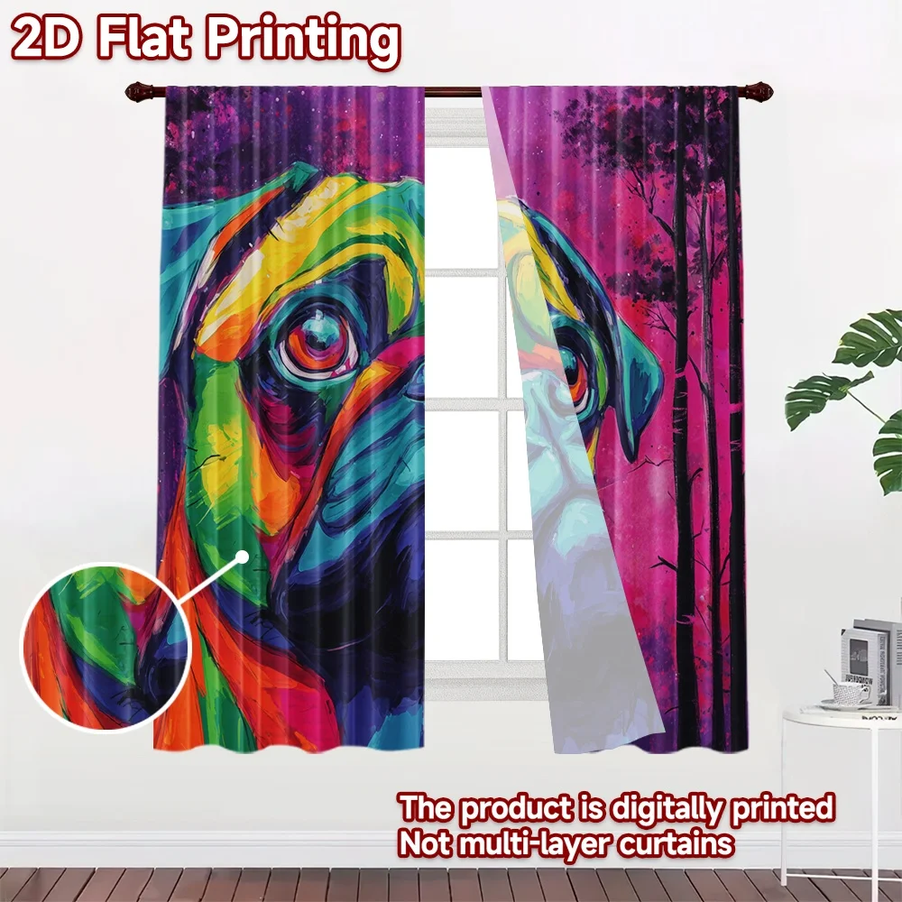 2D flat 2pcs Curtain Home Short Curtains Colorful Pug Portrait Durable polyester fiber Party Decorations Use for Parties and