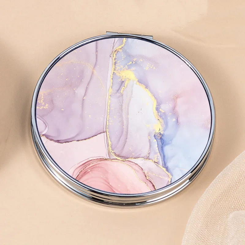 Compact Portable Pocket Mirror Double-Sided Folding round Marbling Cosmic Design for Travel And On-the-Go Touch-ups