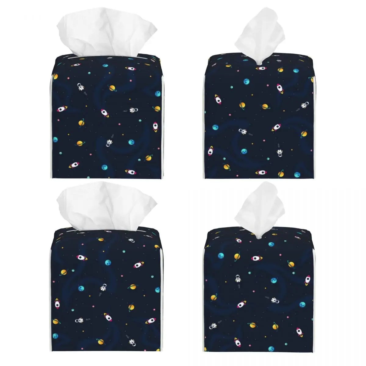 Custom Space Astronaut Tissue Box Cover PU Leather Square Universe Sun Planet Facial Tissue Box Holder for Bathroom Toilet