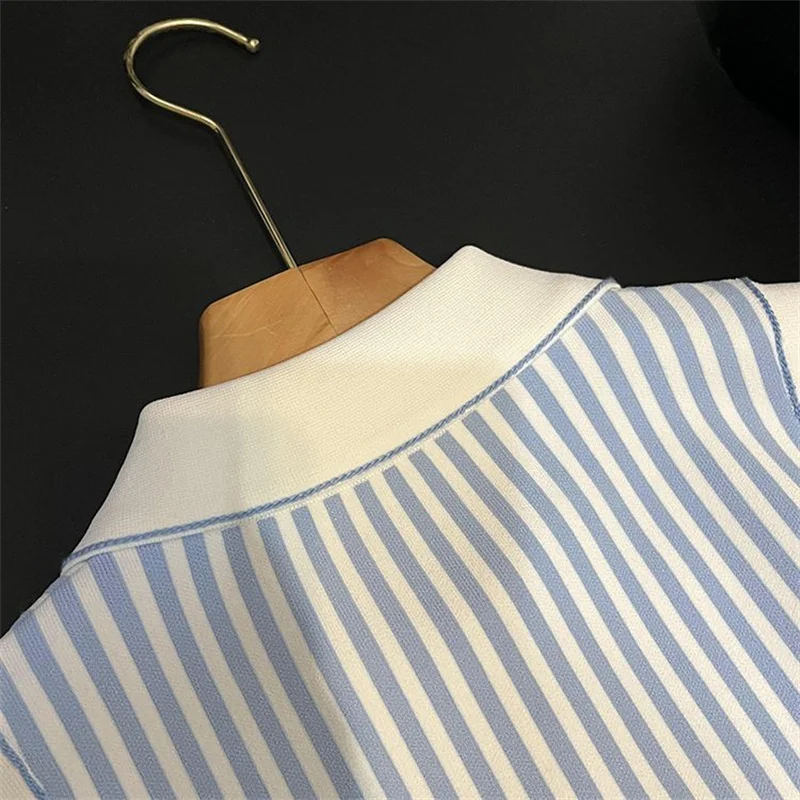 Elegant Women Turn Down Collar Elatic Waist Bodycon Sundress Fashion Stripes Long Vestidos 038A Summer Patchwork Tank Knit Dress