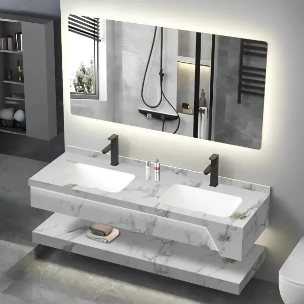 New Design Bathroom Cabinet Washbasin Floating Marble Slate Burnt Stone Bathroom Cabinet Vanity 6