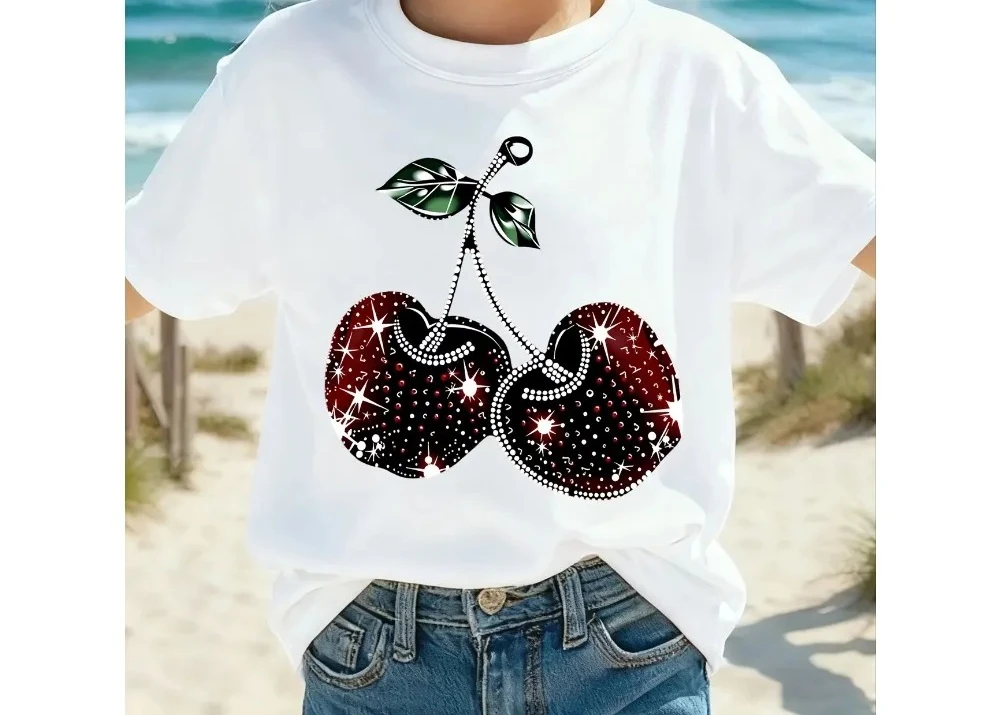 Summer New Children's T-shirt Loose Comfortable Soft Skin friendly Fashionable Cherry Bow Printed Tops
