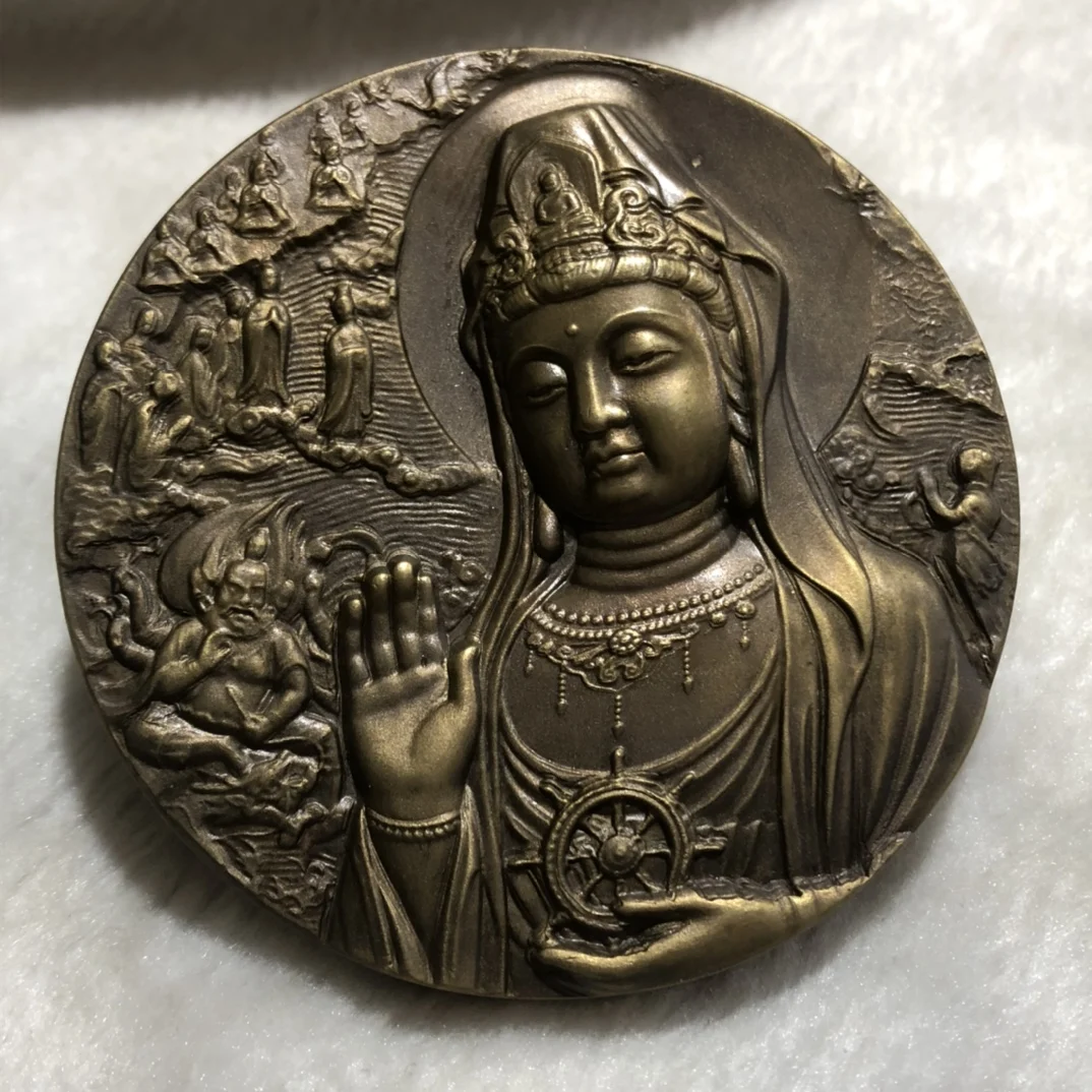 Antique Collection Pure Copper Great Mercy Compassion Guanyin Buddha Statue Bronze Seal Home Craft Decoration Ornament