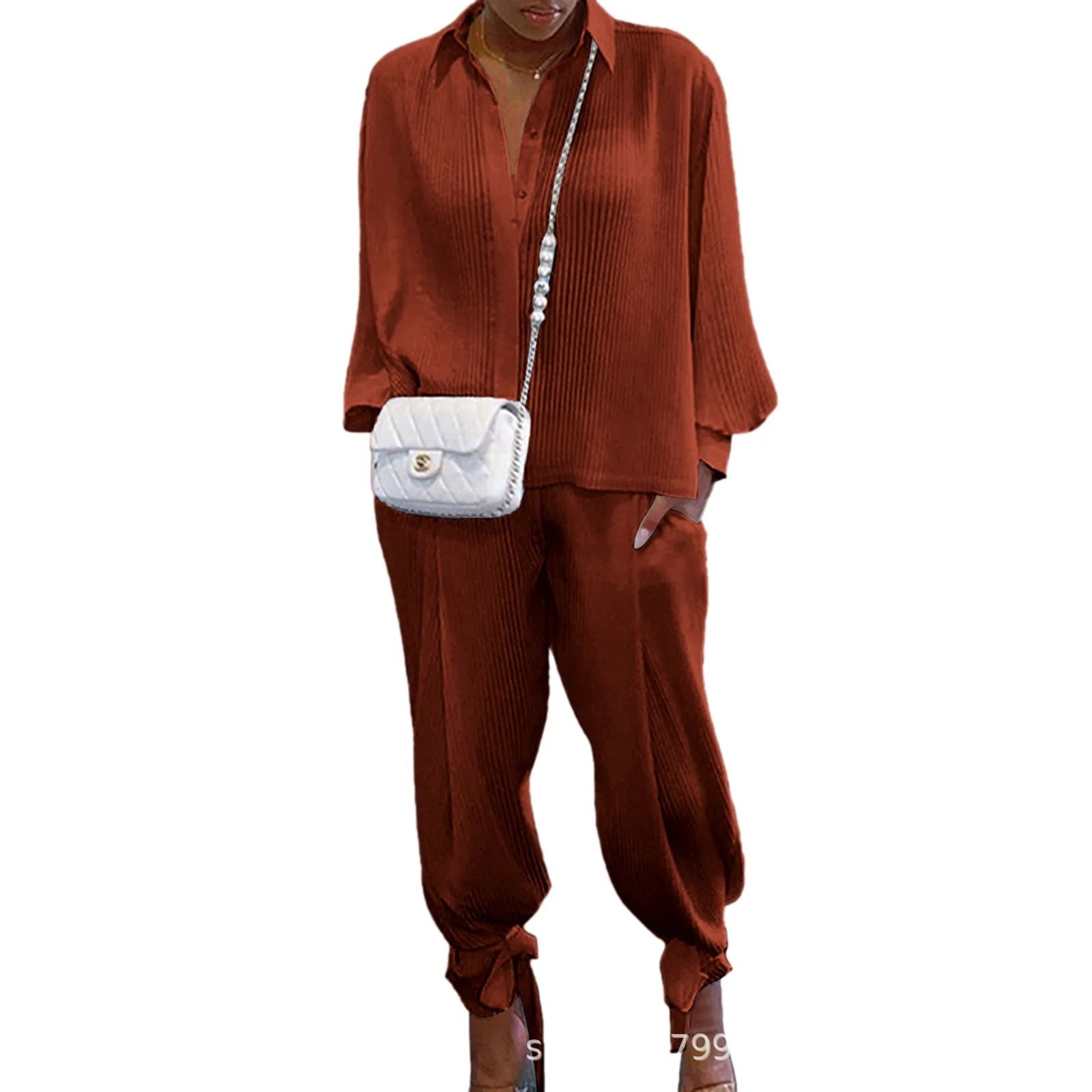 Klassisches, solides Hemd-Hosen-Set für Damen, lässig, locker, langärmelig, Revers, elastische Taille, zweiteiliger Anzug, 2025, neues Sommer-Straßen-Outfit – Detail 11