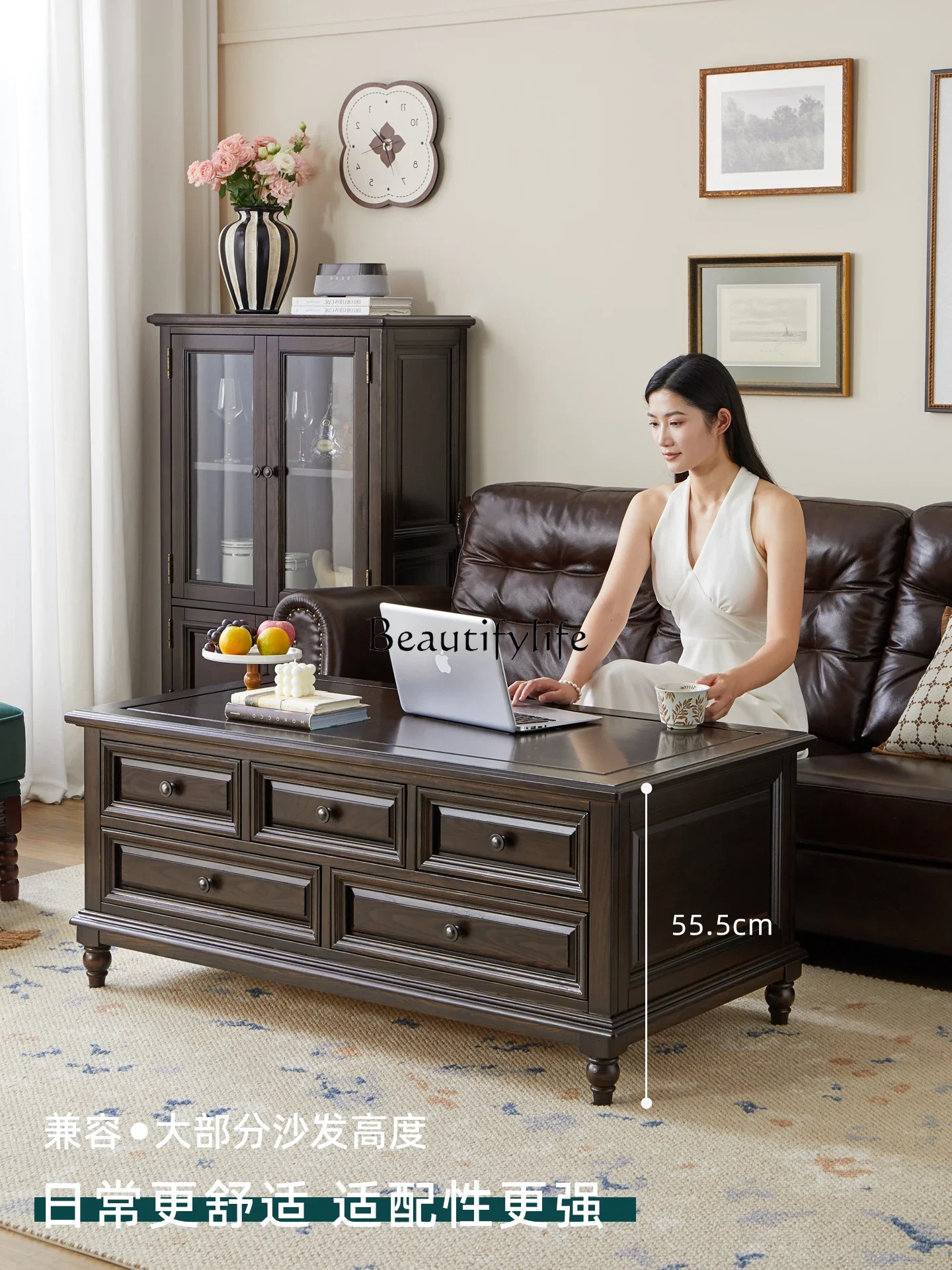 LXAll log FAS grade ash wood coffee table American retro all solid wood living room combination drawer storageSSS
