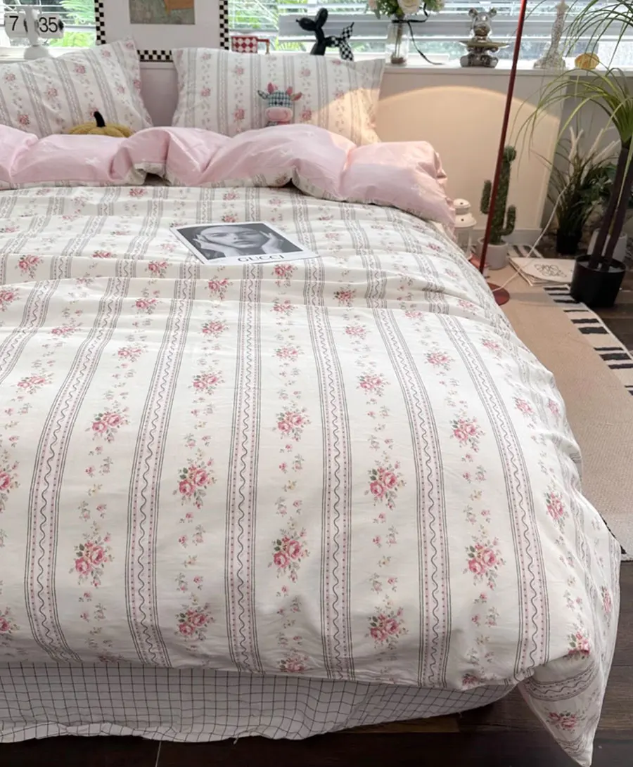 

Pastoral flower pink sweet beding set single double,twin full queen rustic cotton home textile bed sheet pillow case quilt cover