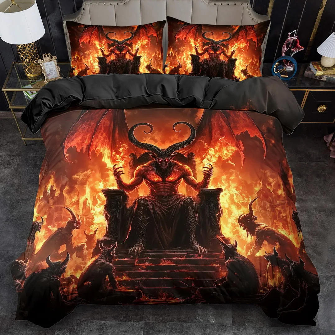 

2/ 3pcs Quilt Cover Set, Fantasy Flame Demon Print Duvet Cover Set, King Queen Style Bedding Set, Polyester Machine Washable