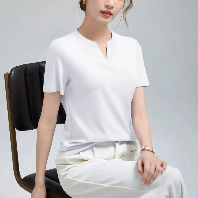Women Double Mercerized Cotton Notch V Neck T-shirt Regular Shoulder Short Sleeve Breathable Basic Summer Blouse