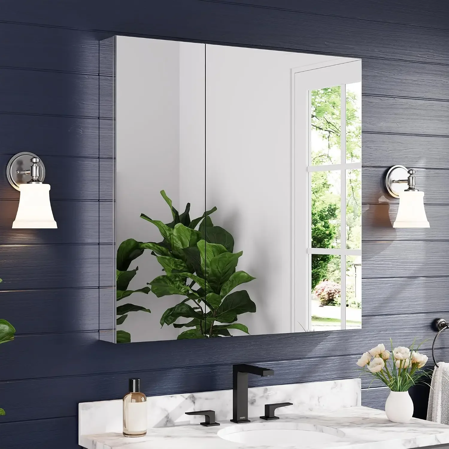 44" x 36" Medicine Cabinet with Mirror, Bathroom Mirror Cabinet | Anodized Chrome Aluminum Frame, Adjustable, Customized