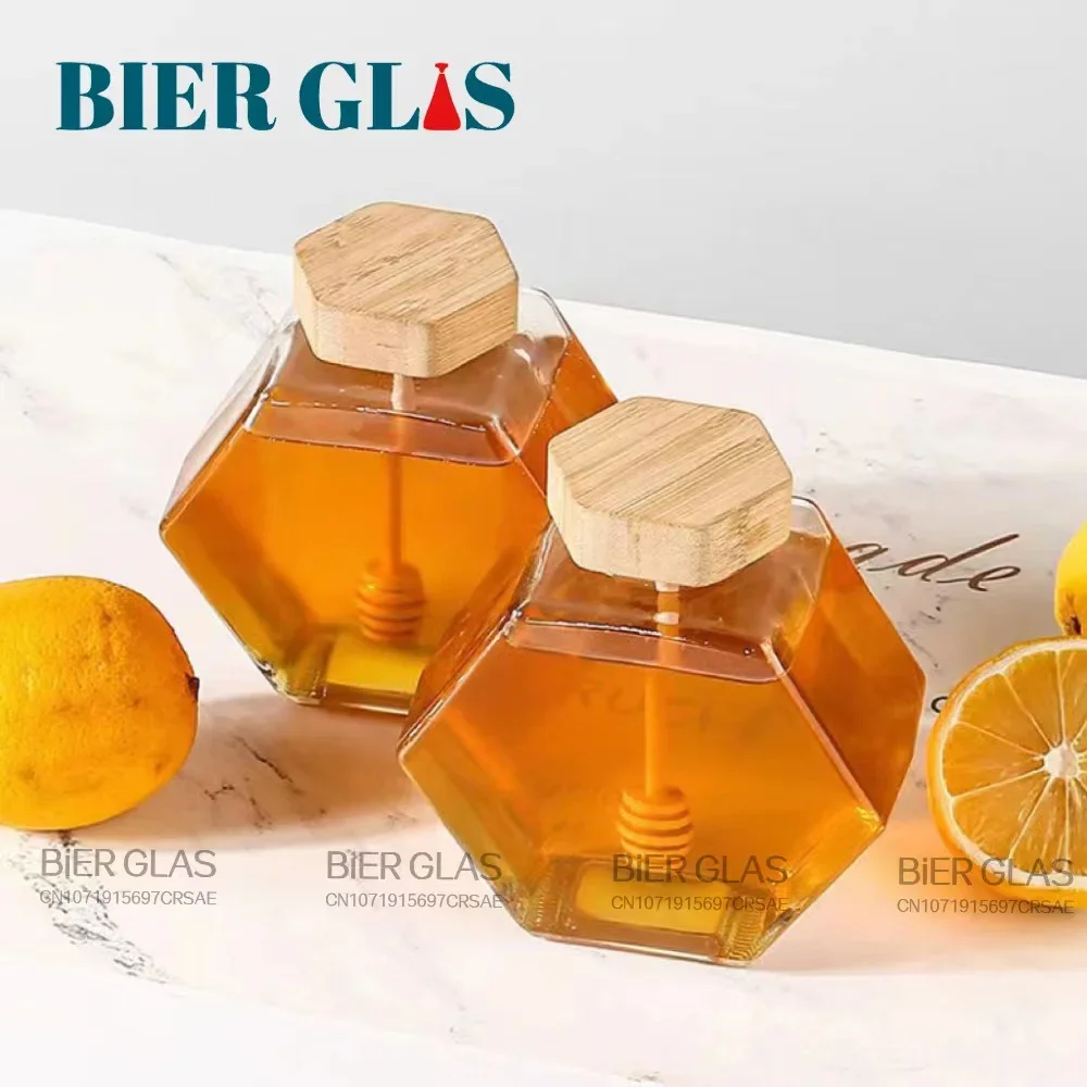 Hexagon Honey Jar 5 6pcs With Dipper Dispenser Glass Bottle Packaging Spoon Bamboo Lid Kitchen Storage Containers Containers Bot