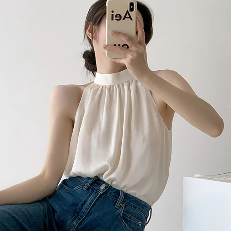 

Summer Fashion Office Lady Shirts Sleeveless Stand Collar Women Blouse White Black Chifon Blouse Women Tops Blusas De Mujer N497