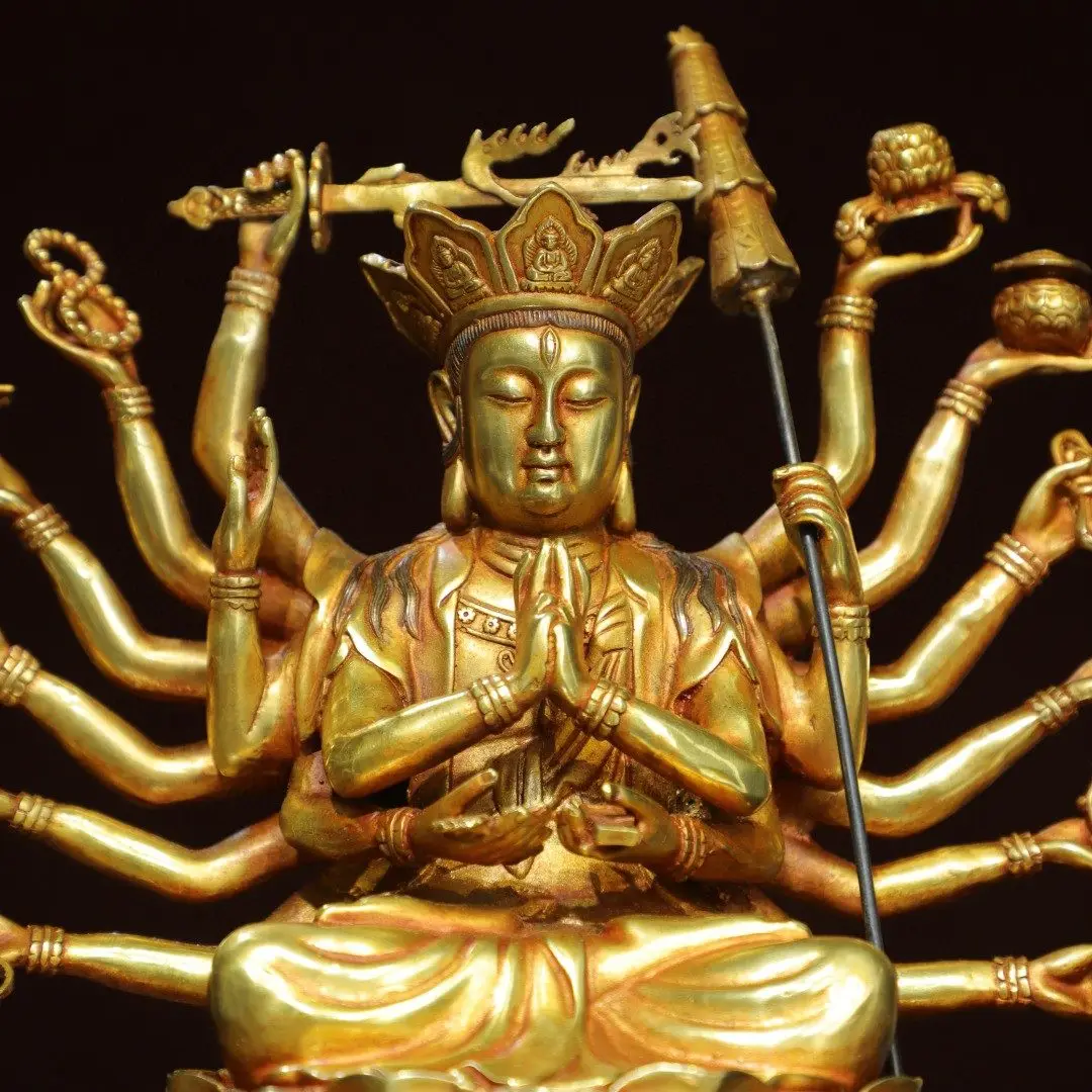 Tibetan Buddhist Cundi Buddha Mother Eighteen Armed Tara Statue Solid Copper Gold Plated Altar Worship