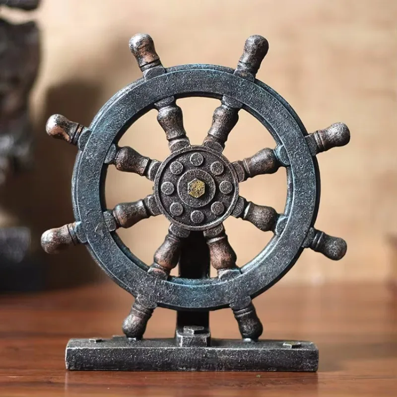 23cm New Vintage Rudder Compass Resin Statue Simulation Sculpture Art Carving Figurine Retro Home Desktop Decor Artware Gift