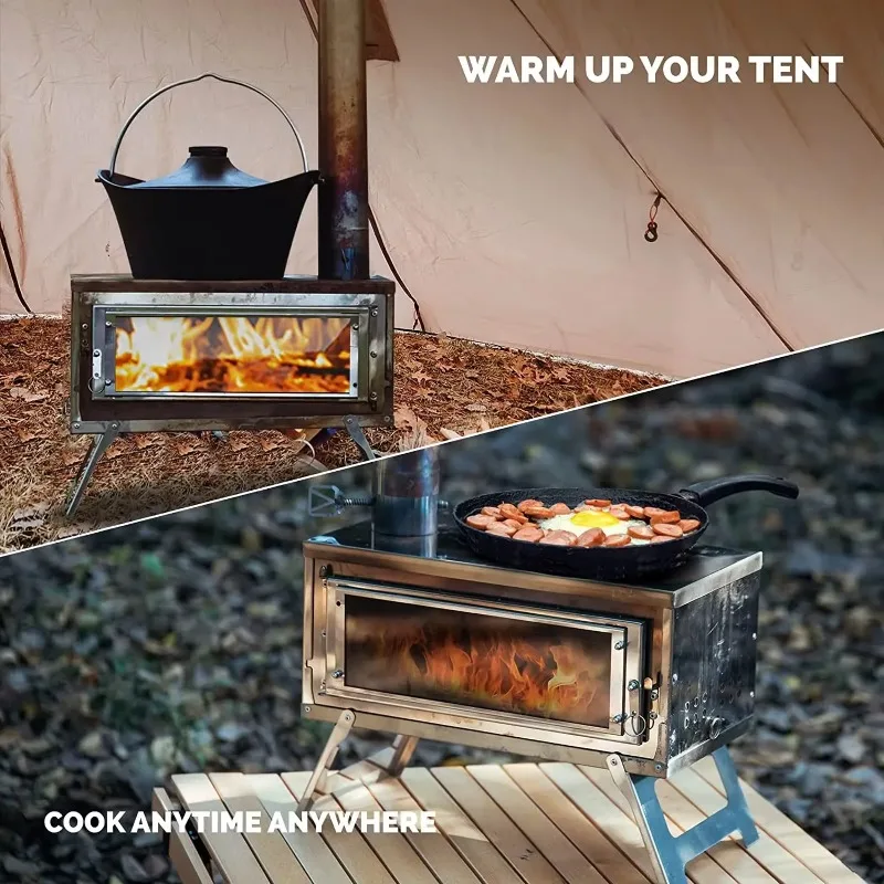 

Portable Camping Tent Stove with Glass Window Outdoor Fire Wood Heaters Quick Assemble Backpacking Hiking Burned Stove