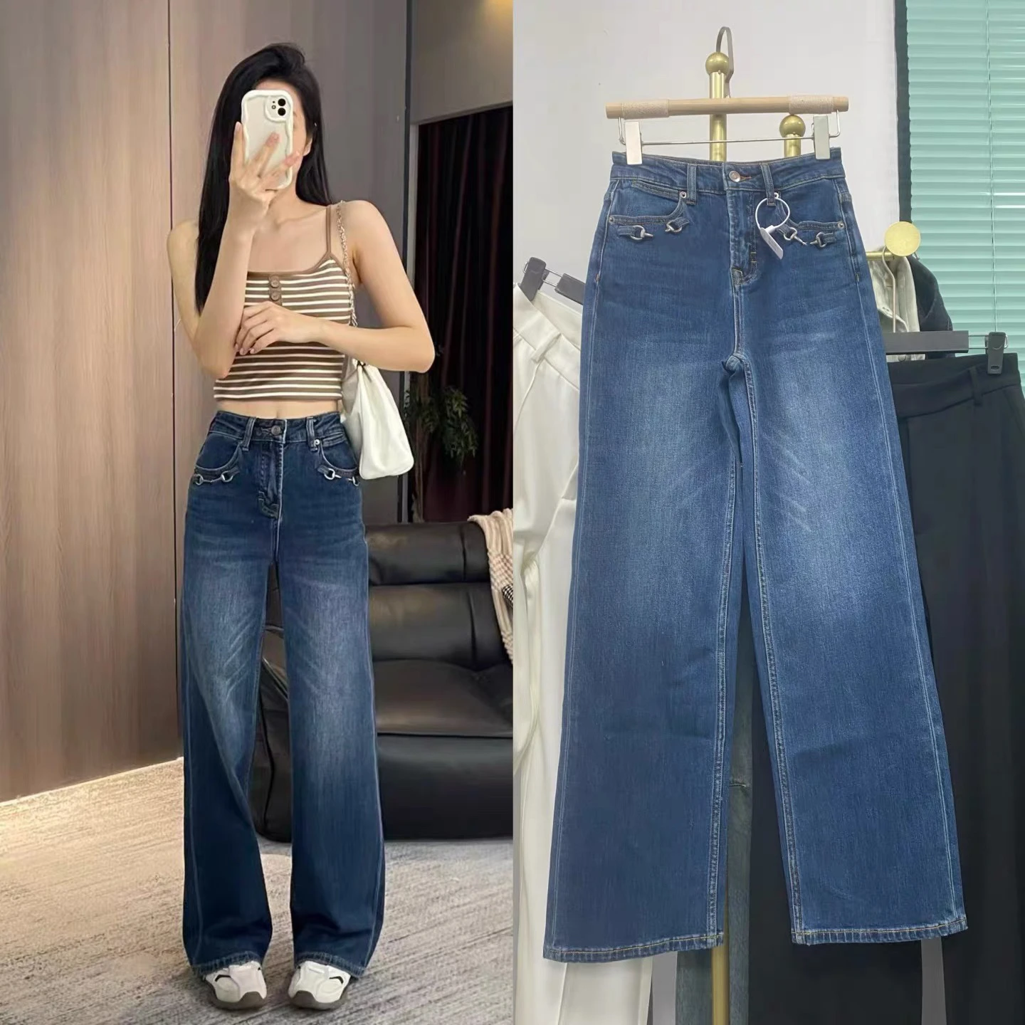 

High Waist Straight Leg Wide Leg Jeans Women's Slimming Versatile Summer New Style Narrow Version Buckle Front Pocket