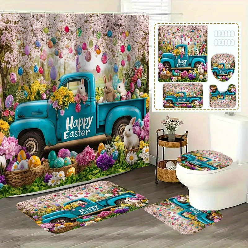

4 шт. "Счастливая Пасха" Набор занавесок для душа с ковриком для ванной, U-образной подушкой, чехлом на сиденье унитаза - водонепроницаемый полиэстер, декор для ванной комнаты"