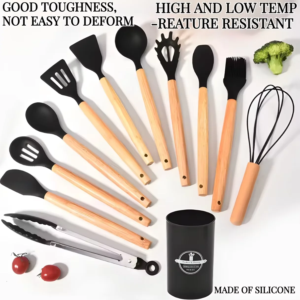 12Pcs Wooden Handle Silicone Kitchen Utensils Set High Temp Resistant Non-Stick Heatproof with Storage Bucket for Daily Cookiing