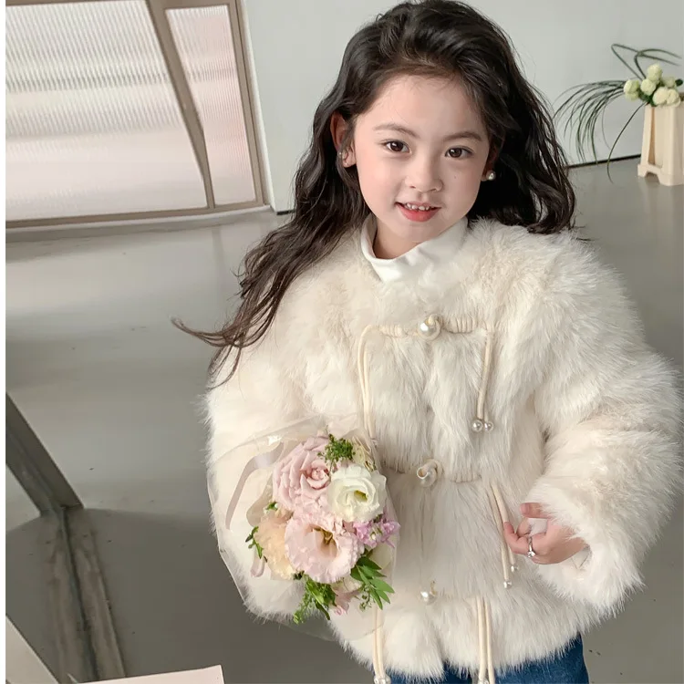 

Girls Coat Fox Fur Children Cardigan 2024 Winter Female Treasure Pearl Buckle Clip Cotton Fur Coat Temperament Korean Style Coat