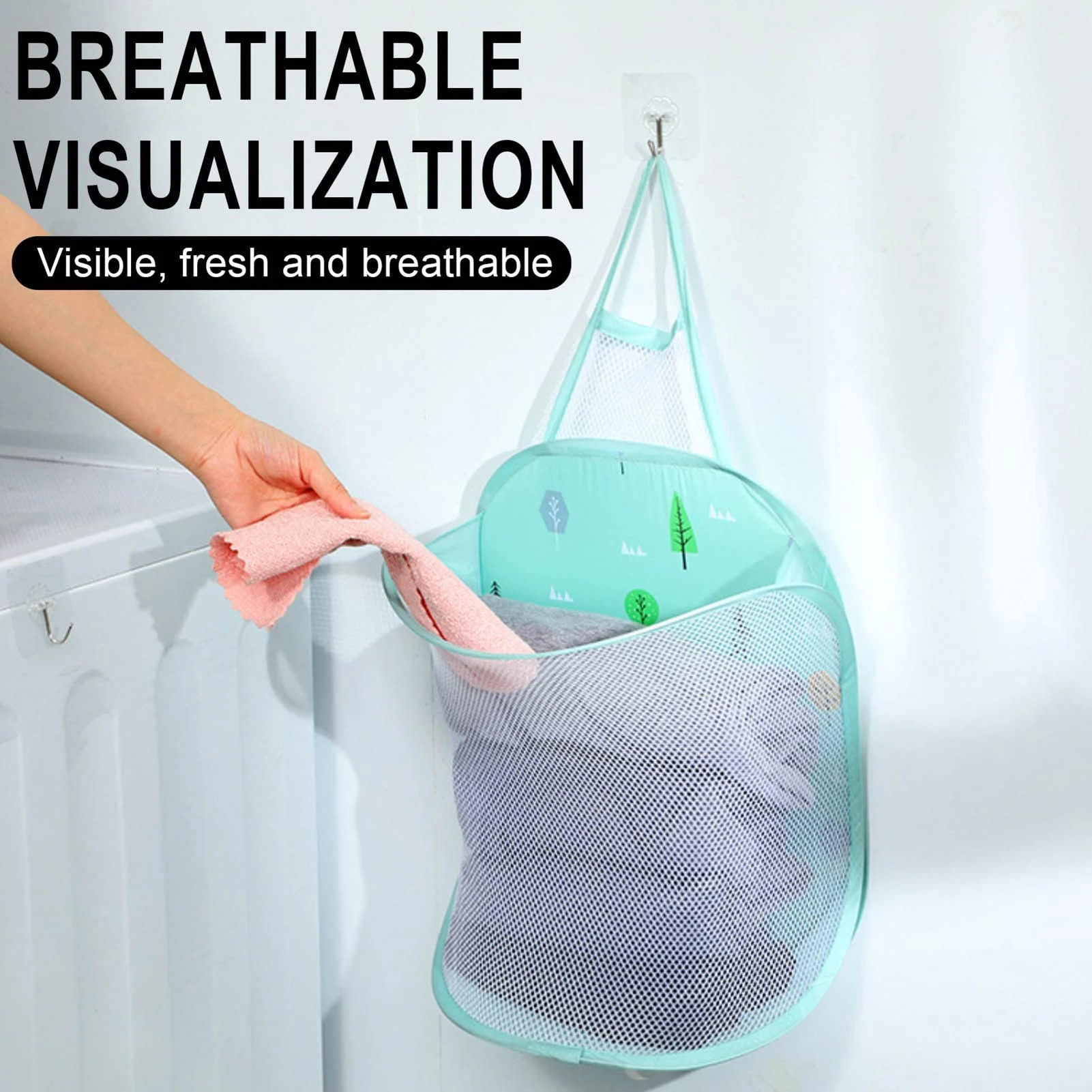 Wall Hanging Mesh Popup Hamper Foldable Lightweight Washing Basket for Bathroom Bedroom or College Dorm