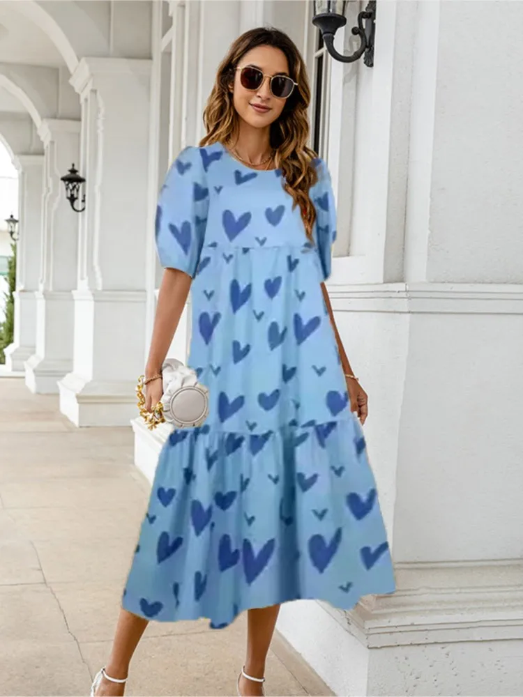 Summer Women's Printed Dress 2024 New Puff Short Sleeves Ruffles Loose A-line Midi Dresses Casual Beach Vacation Vestidos