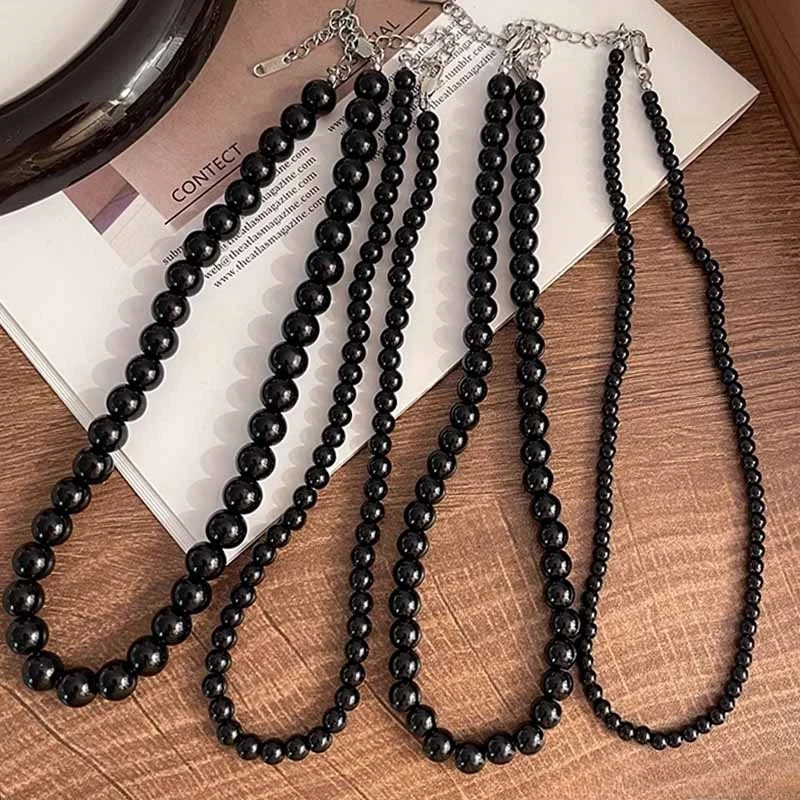 Fashion Punk Smooth Black Round Beads String Necklace for Women Men Unisex Acrylic Beads Choker Jewelry on The Neck Collar Gift