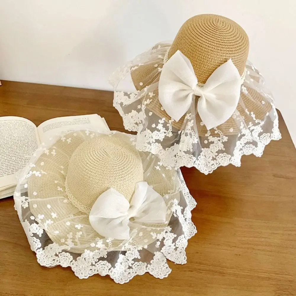 แฟชั่นฟางผีเสื้อหมวกฟางโบว์ริบบิ้นขนาดใหญ่ Brim หมวกบังแดด UV ป้องกันหมวกชายหาดแบบพกพา Travel