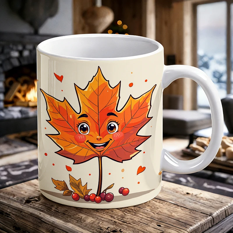 

11 oz Cute Maple Leaf Handle Ceramic Mug, Full Print Pattern Coffee Cup, Insulated Milk Cup, Office Water Cup, Fade-Resistant