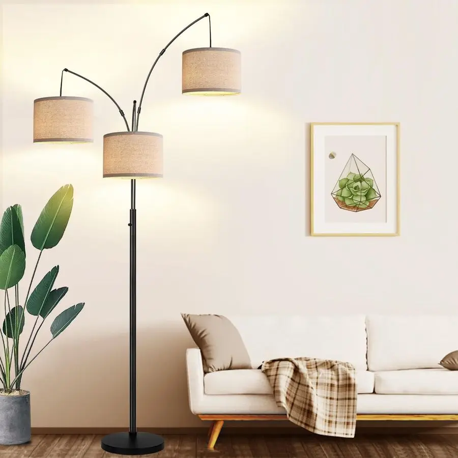 

Dimmable Floor Lamp 3 Lights Arc Floor Lamps for Living Room, 1000LM Modern Tall Standing Lamp With Beige Shades Heavy Base, Mi