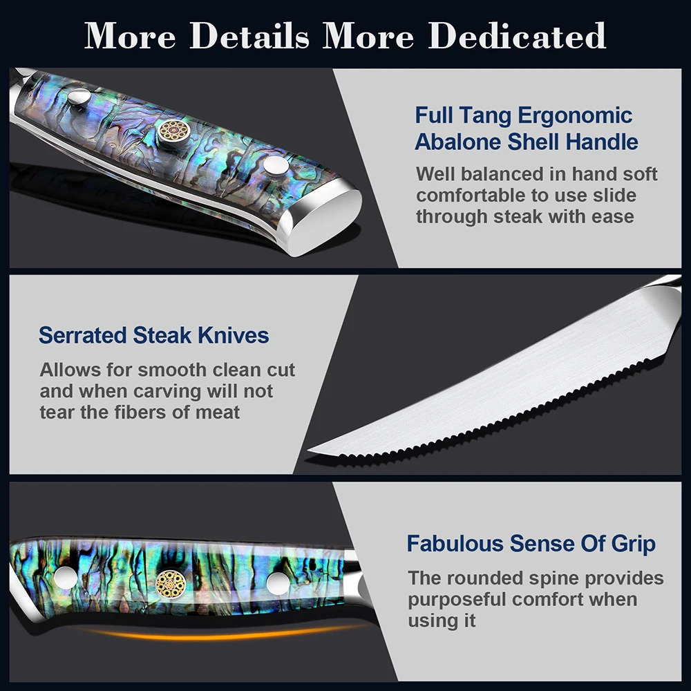 XITUO Serrated Steak Knives Set Abalone shell handle Handles Sharp 5Cr15MoV Steel Steak Knife Durable Stable Full Tang Design