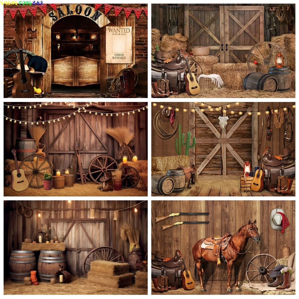 

Western Cowboy Theme Backdrop Boots Hat Wooden House Boy Kids Baby Shower Birthday Party Banner Portrait Photography Background