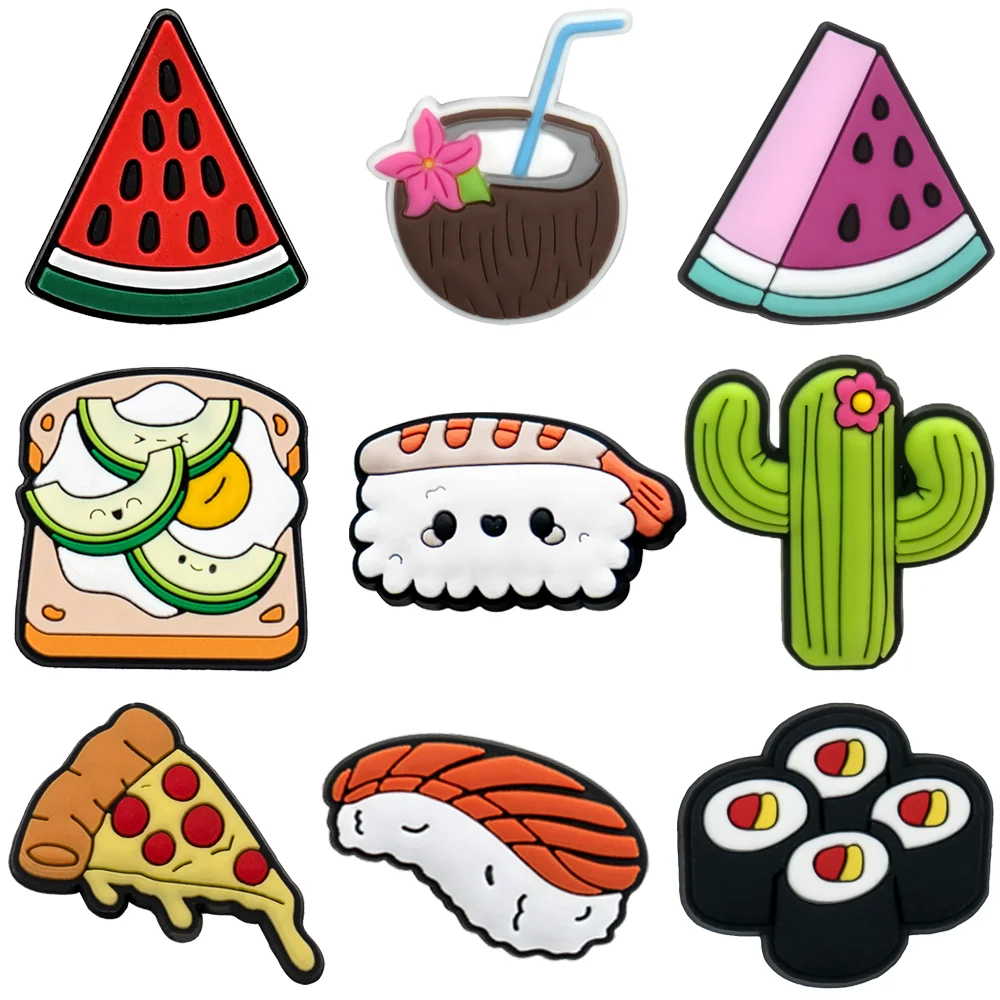 1-9 Stück Wassermelonen-Pin-Anhänger für Schuhe, Sushi-Kaktus-Schuhzubehör, Onigiri-Pizza-Sandalen- und Clogs-Schnallendekoration