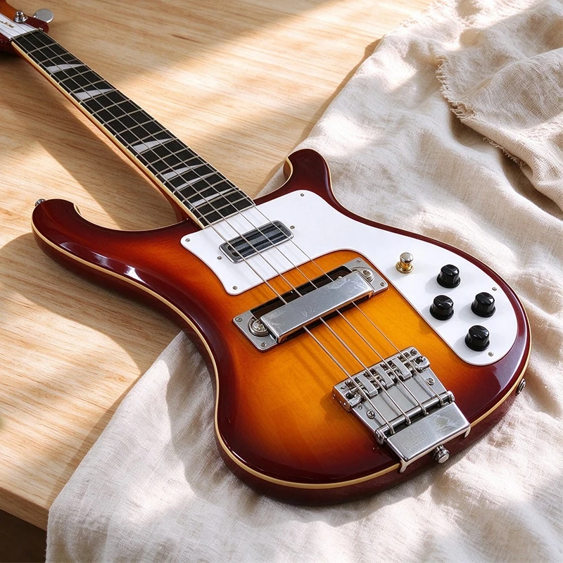 Sunset-colored exotic electric guitar, dual pickups, used as the band's performance bass, shipped from local warehouse, 20 frets 4 strings
